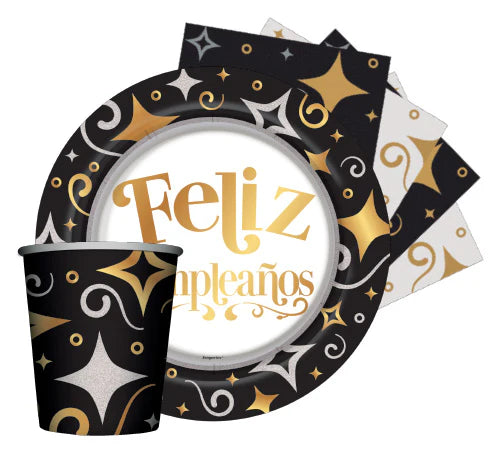 Kit De Desechables Feliz Cumpleaños Dorado Negro Marca Sempertex