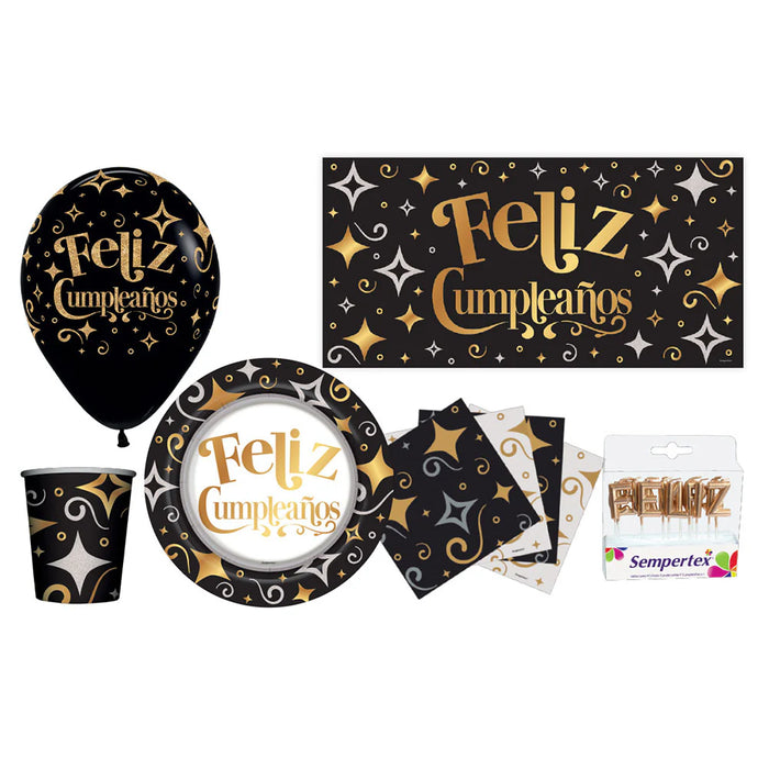 Kit De Fiesta Feliz Cumpleaños Negro Dorado Marca Sempertex