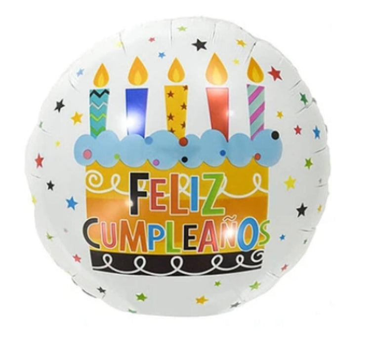 Globo Metalizado Redondo Feliz Cumpleaños Torta y Estrellas Blanco 18"