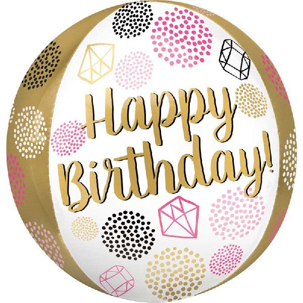 Globo Metalizado Tipo Orbiz Happy Birthday Gemas Doradas 16" X 1 Unidad