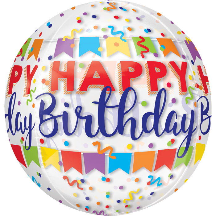 Globo Metalizado Tipo Orbiz Happy Birthday Festones Plateado 16" X 1 Unidad
