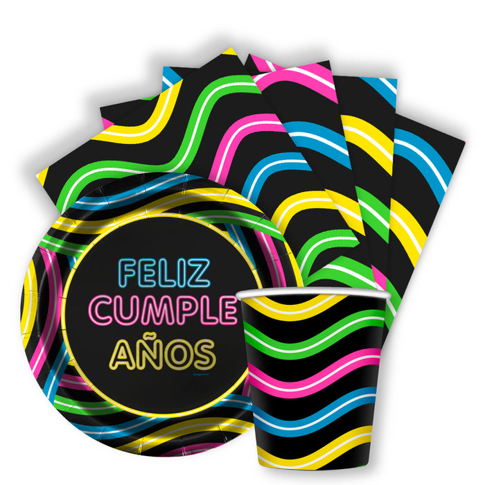Kit Platos Vasos y Servilletas Desechables Feliz Cumpleaños Fluorescente Marca Sempertex