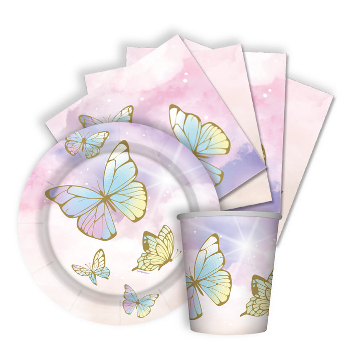 Kit Platos Vasos y Servilletas Desechables Feliz Cumpleaños Mariposas Encantadas Marca Sempertex