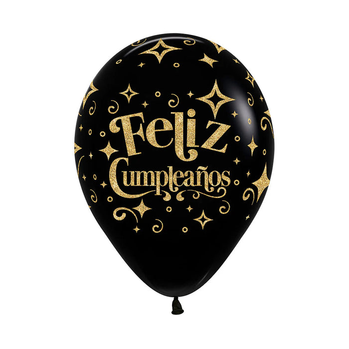 Globo Infinity Escarchado Feliz Cumpleaños Diamante Dorado Fashion Negro R12 x 50 Unidades Sempertex
