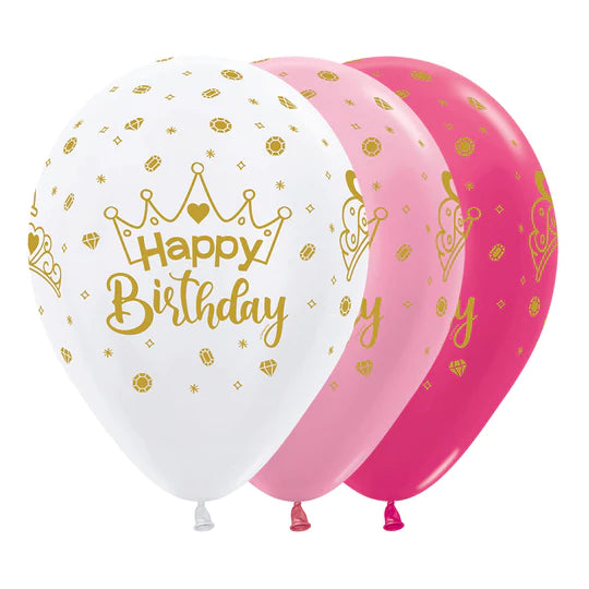Globo Satin y Metal surtido Happy Birthday Coronas R12 x 12 Unidades Sempertex