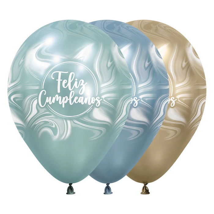 Globo Infinity Feliz Cumpleaños Marmoleado Acqua Silk Surtido R12 x 50 Unidades
