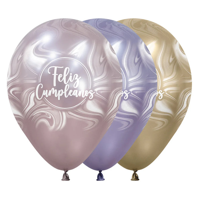 Globo Infinity Feliz Cumpleaños Marmoleado Rosa Silk Surtido R12 x 50 Unidades