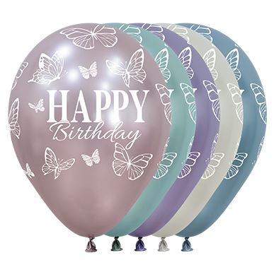 Globo Infinity Happy Birthday Mariposas Silk Surtido R12 x 12 Unidades