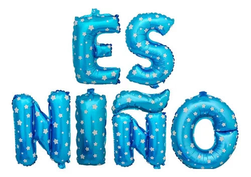 Globo Letrero Metalizado Es Niño Azul con Estrellas X 6 Piezas
