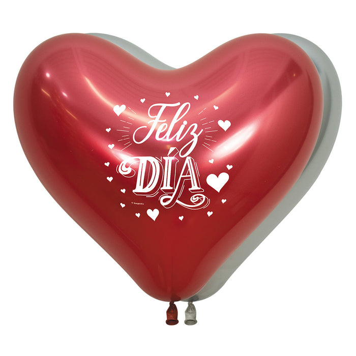Globo Corazon Reflex Impreso Feliz Dia 14" Rojo y Plata x 12 Unidades