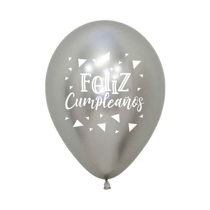 Globo Reflex Feliz Cumpleaños Triangulos R12 Plateado x 50 Unidades
