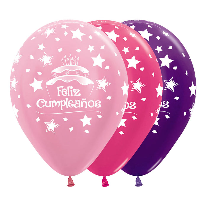 Globos Feliz Cumpleaños Torta Niña Satin y metal surtidos R12 x 50 Unidades Sempertex