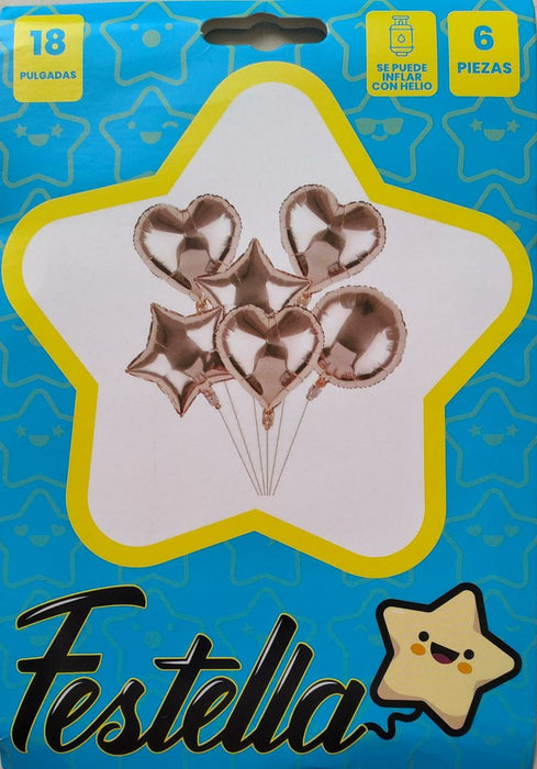 Kit de globos 18 pulgadas corazones y estrellas x 6 piezas Dorado Rosa