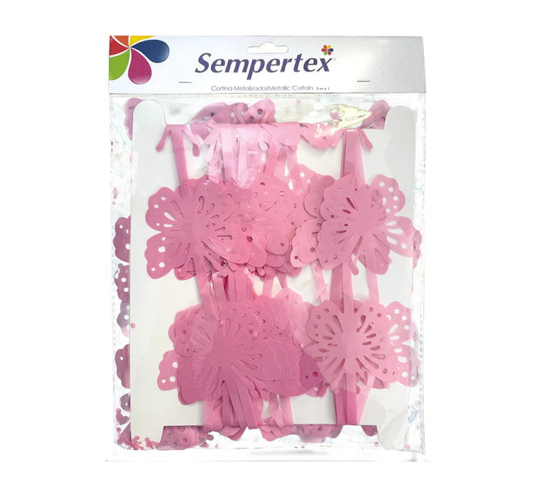 Cortina De Fiesta Metalizada Mariposas Rosada 2 MT X 1 MT Sempertex