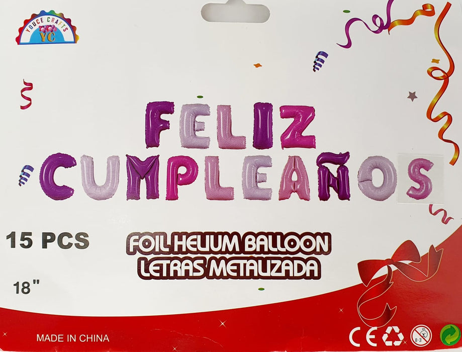 Globo Letrero Metalizado Feliz Cumpleaños Lila Multicolor  X 15 Piezas