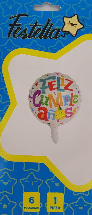 Globo Metalizado Redondo Feliz Cumpleaños Carita Feliz Blanco 6" Festella
