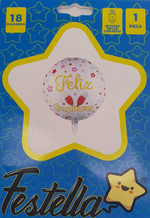 Globo Metalizado Feliz Cumpleaños Copas de Champaña Blanco 18" Festella