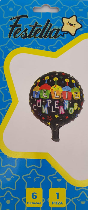 Globo Metalizado Redondo Feliz Cumpleaños Cupcakes y Estrellas 6" Festella