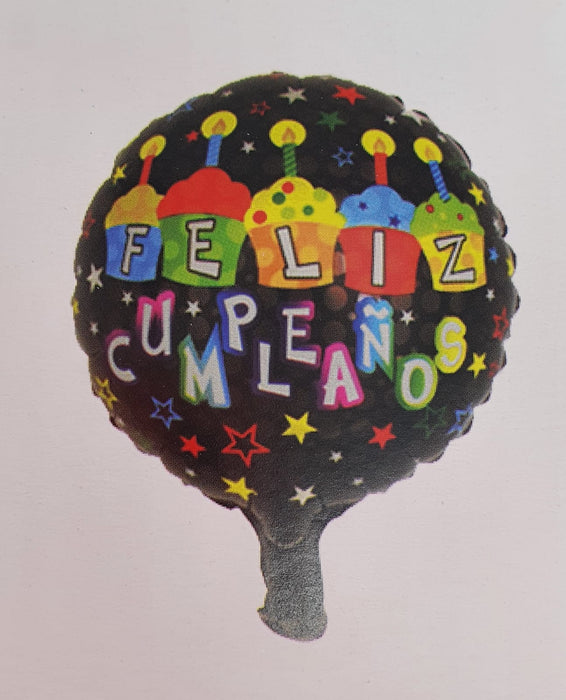 Globo Metalizado Redondo Feliz Cumpleaños Cupcakes y Estrellas 6" Festella