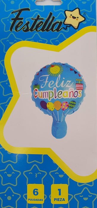 Globo Metalizado Redondo Feliz Cumpleaños Fiesta Globitos Azul  6" Festella