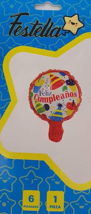 Globo Metalizado Redondo Feliz Cumpleaños Gorritos y Cupcakes Rojo 6" Festella