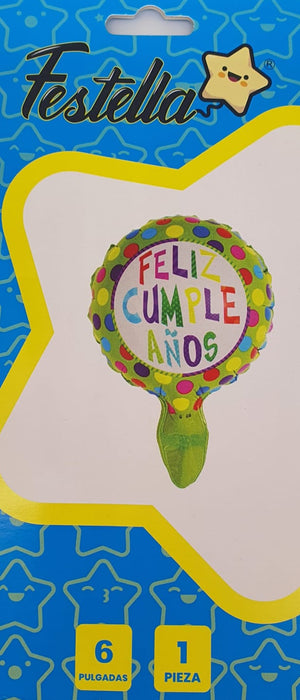 Globo Metalizado Redondo Feliz Cumpleaños Polka Dots Multicolor Verde 6" Festella