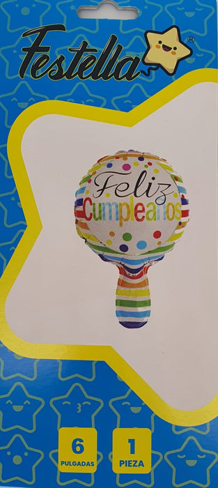 Globo Metalizado Redondo Feliz Cumpleaños Rayas Multicolor 6" Festella