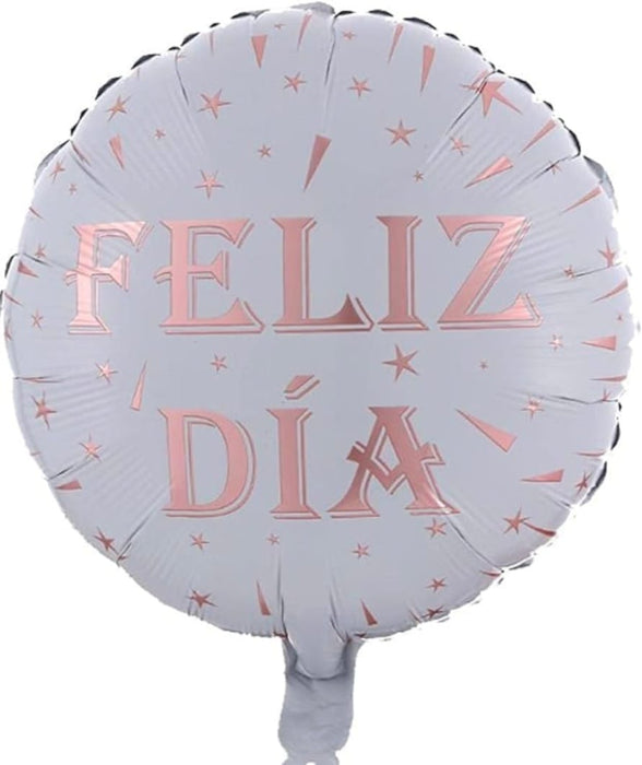 Globo Metalizado Redondo Feliz Dia Blanco Dorado Rosa 18"
