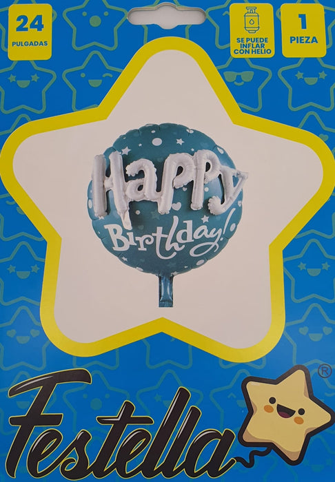 Globo Metalizado Happy Birthday en Relieve Azul Navy 24" Festella