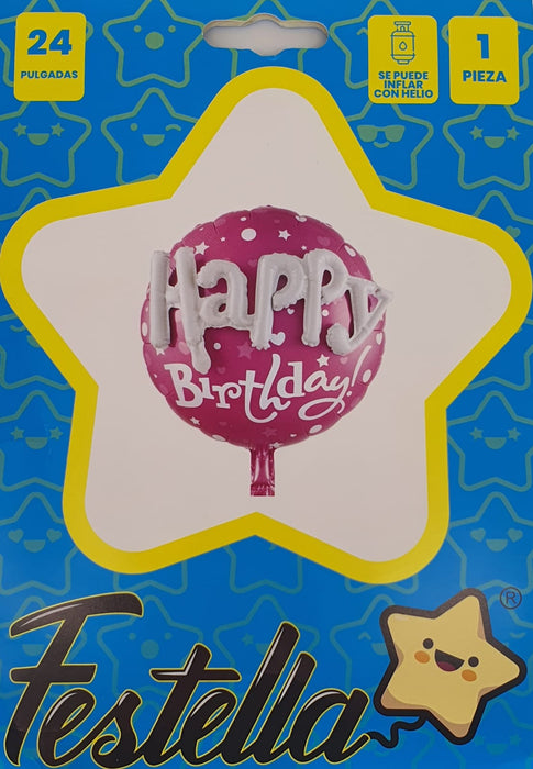 Globo Metalizado Happy Birthday en Relieve Fucsia 24" Festella