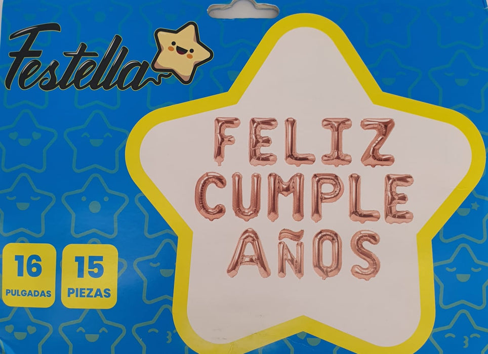 Letrero de Globos Feliz Cumpleaños Dorado Rosa X 15 Piezas Festella