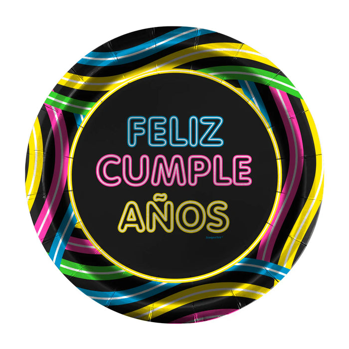 Plato 7" Redondo Feliz Cumpleaños Fluorescente X 8 Unidades Sempertex