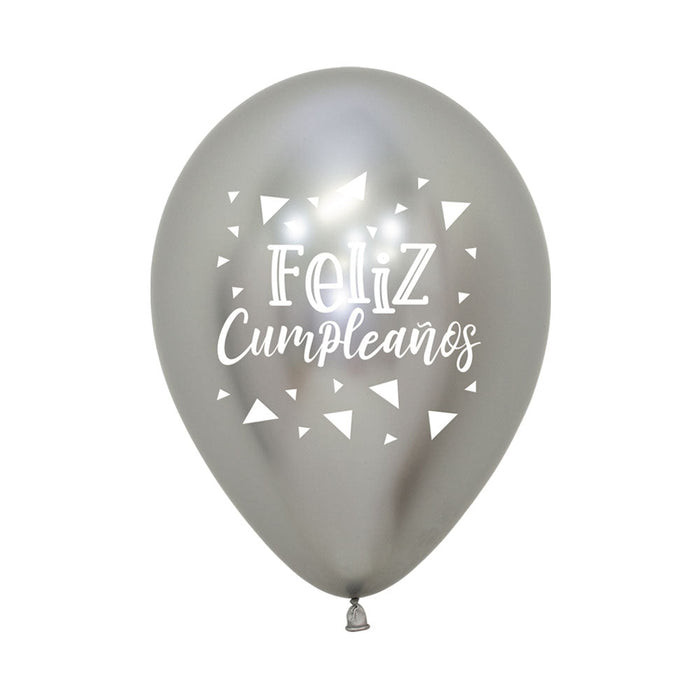 Globo Reflex Feliz Cumpleaños Triangulos R12 Plateado x 12 Globos