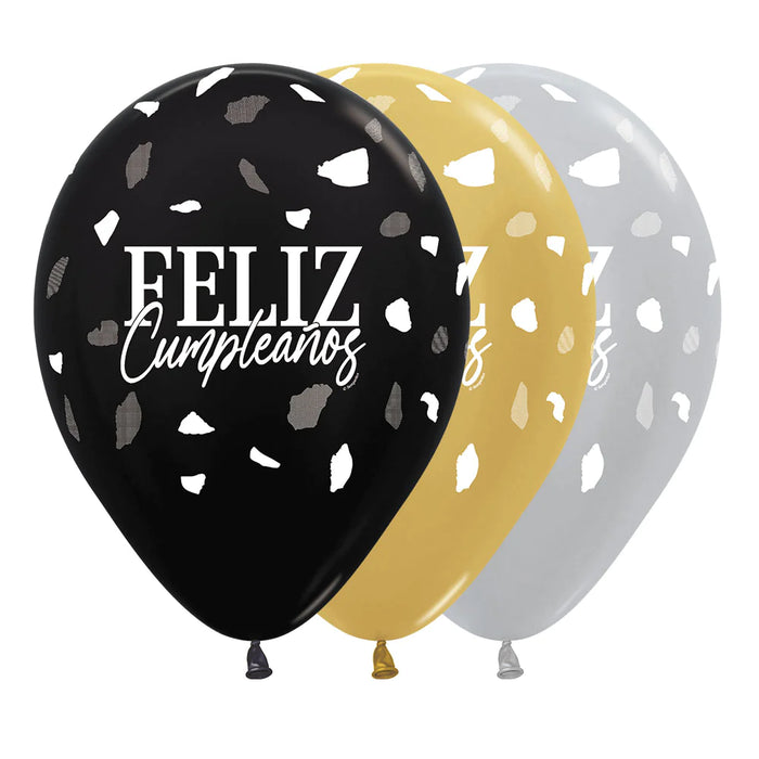 Globo Feliz Cumpleaños Terrazo Negro/Dorado R12 x 12 Unidades Sempertex