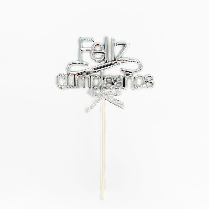Topper Para Torta Feliz Cumpleaños Plata Moño X 1 Unidad Festella