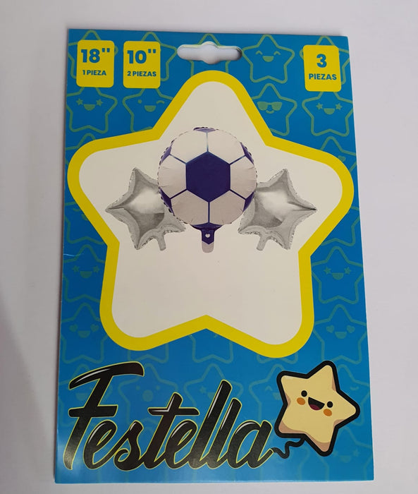 Kit Globo Balon Azul Estrellas Plateadas X 3 Piezas 18" Festella