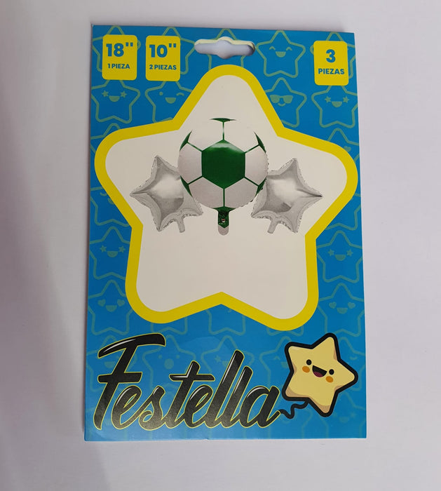 Kit Globo Balon Verde Estrellas Plateadas X 3 Piezas 18" Festella