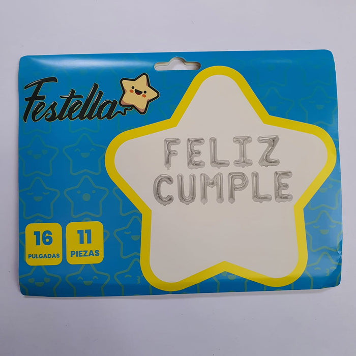 Letrero de Globos Feliz Cumple Plata 16" X 11 Piezas Festella