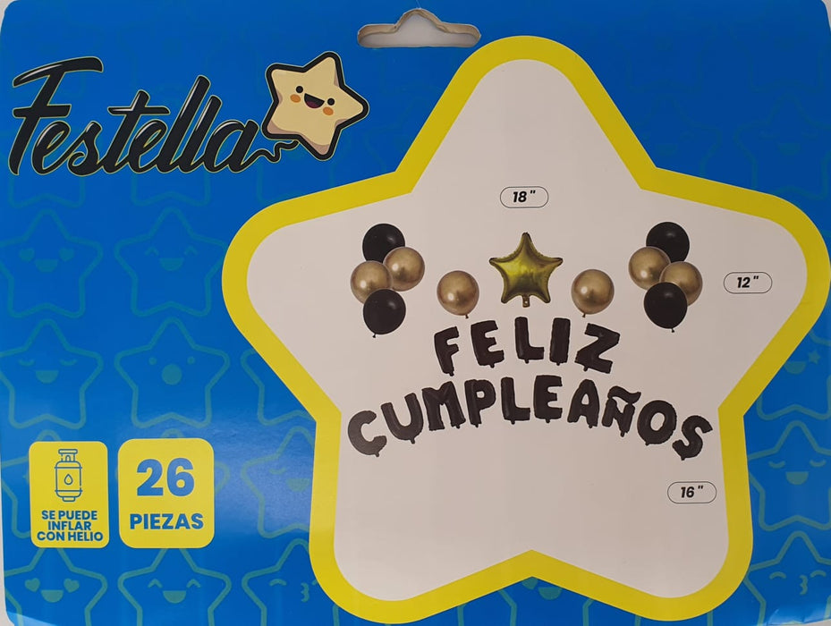Kit de Globos Letrero Feliz Cumpleaños Dorado Negro X 26 Piezas Festella