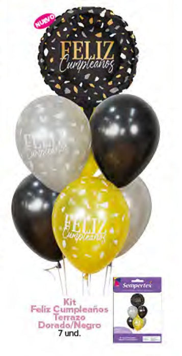 Kit de Globos Feliz Cumpleaños Terrazo Dorado Negro x 1 Sempertex