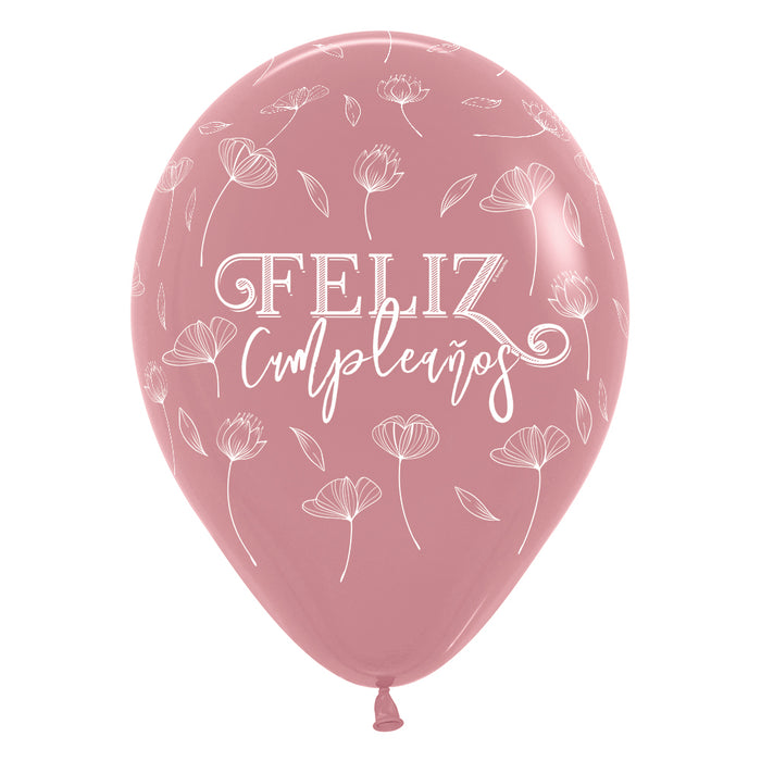 Globo Feliz Cumpleaños Flores Palo De Rosa R12 x 12 Unidades Sempertex