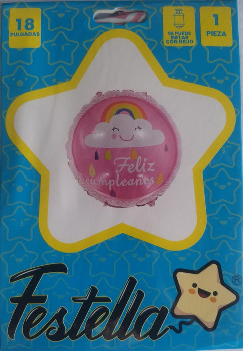 Globo Estampado de Nube Feliz Cumpleaños Rosado 18" Festella