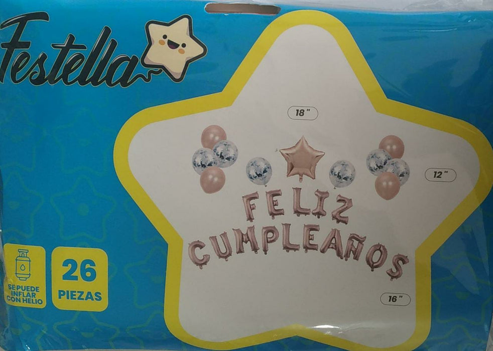 Kit Globo Feliz Cumpleaños Dorado Rosa x 26 Piezas Festella